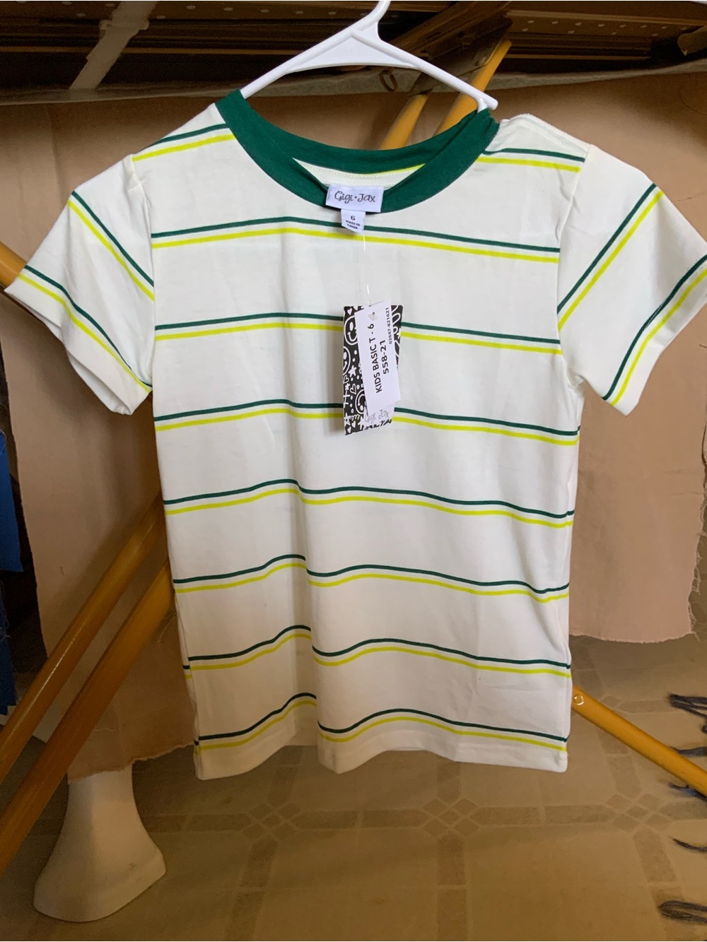 LuLaRoe Off White Tee with Green and Lime Green Stripes
